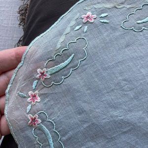 Vintage almost antique hand embroidered on organza doily, baby blue, from 50’s